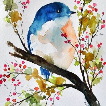 Watercolour bluebird on a berry branch
