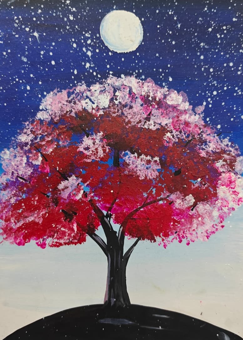 Blossom tree under the moon — Acrylic painting