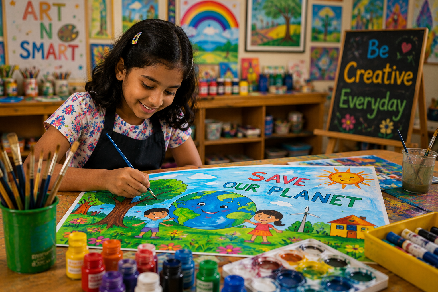 Child painting a poster in the studio