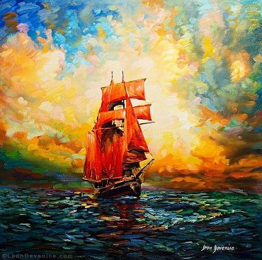 Red sailing ship — palette knife oil painting