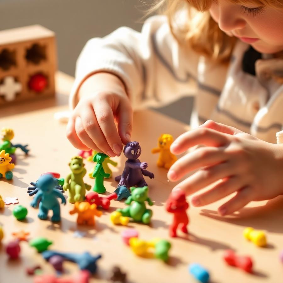 Child shaping colourful clay figures in class